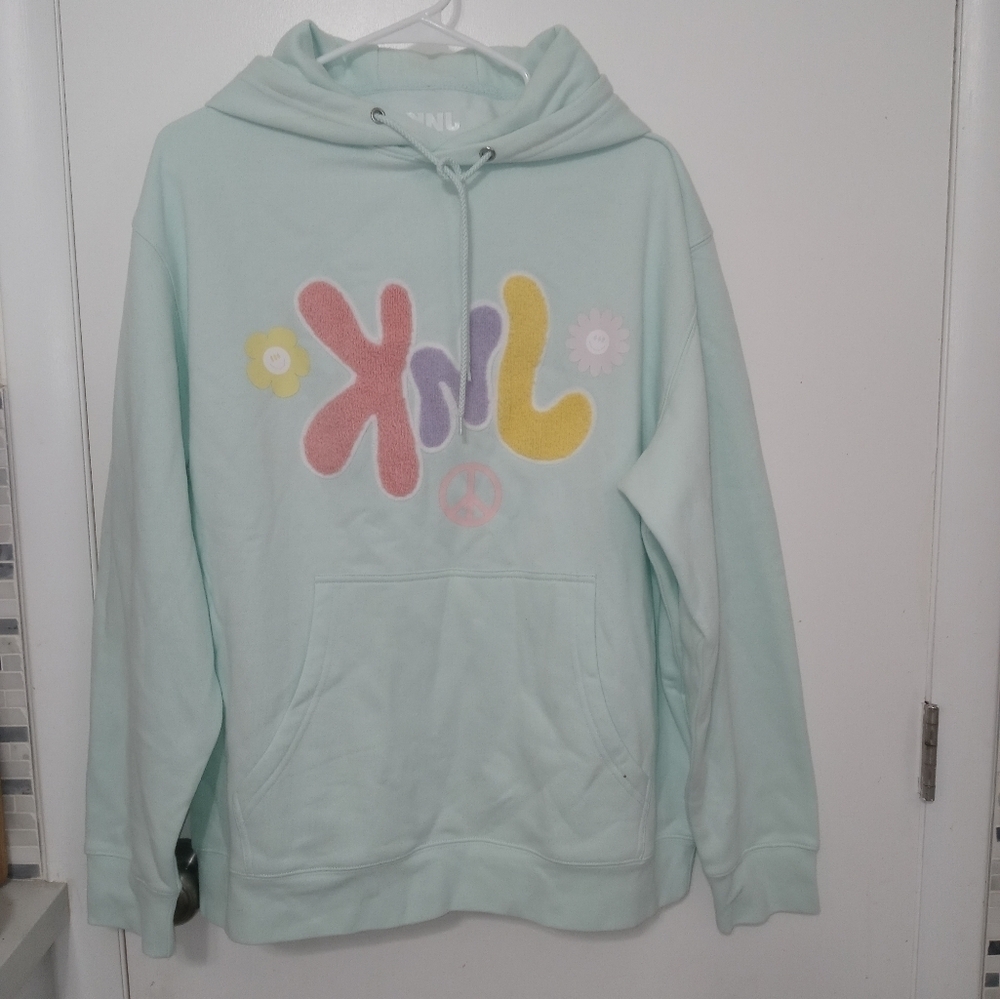 KNJ Peace Out Pastel Green Embroidered Long Sleeve Hoodie Fuzzy Spellout XL